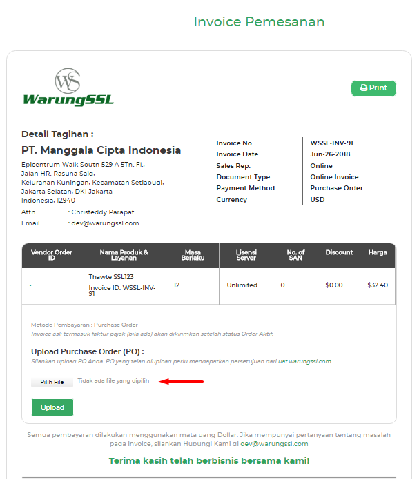 Invoice pembelian SSL Certificate
